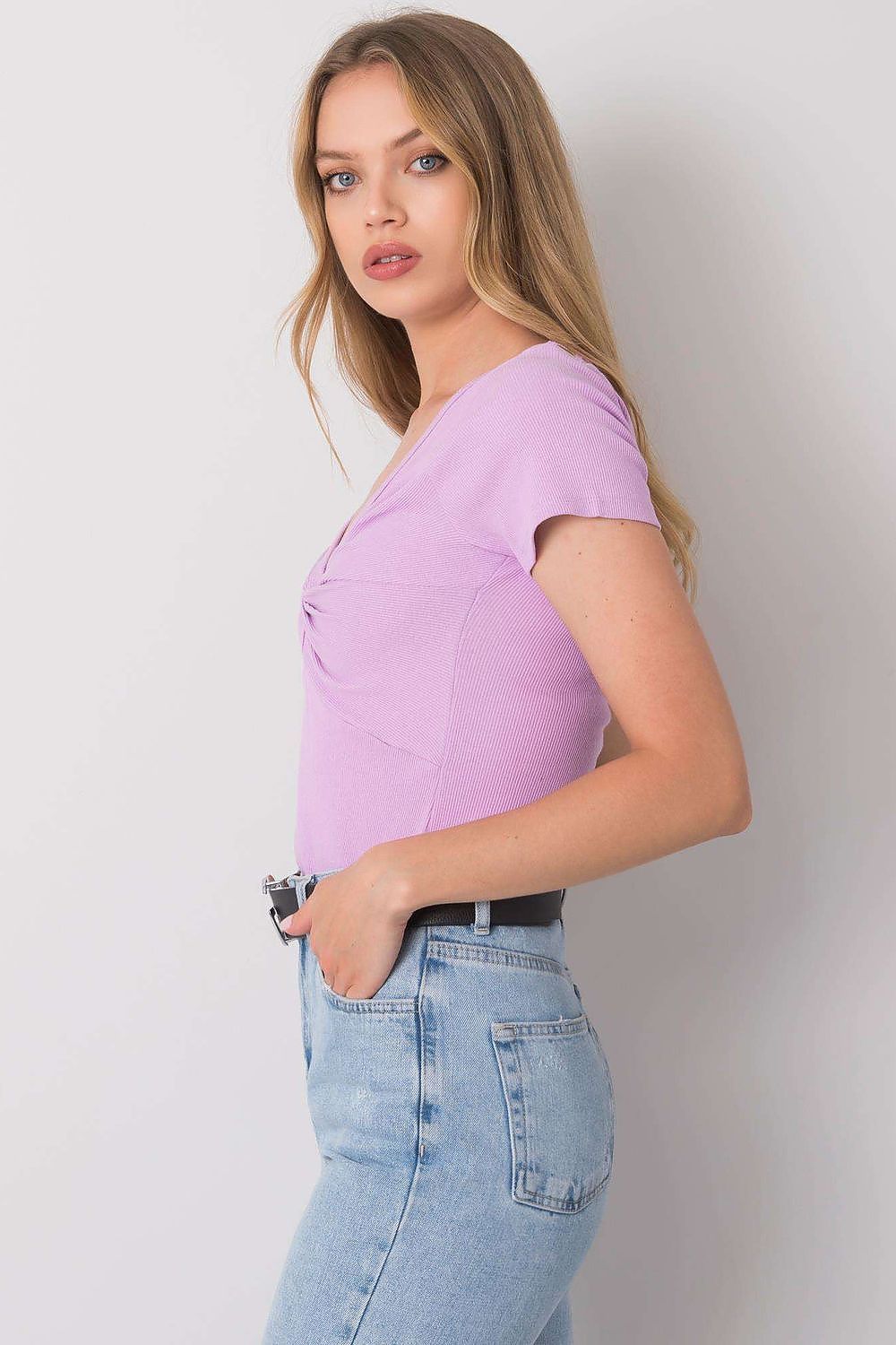 Luxurious short sleeve blouse by Calben featuring an elegant heart neckline and decorative knot, made from a premium ribbed cotton and spandex blend.