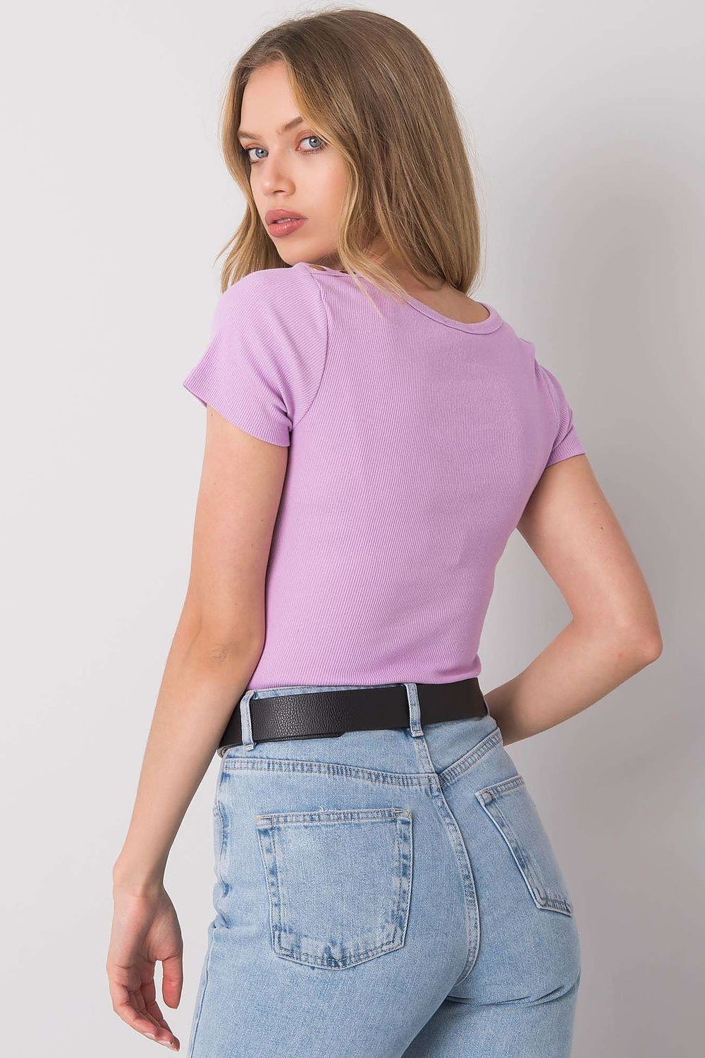 Close-up view of Calben's luxurious short sleeve blouse showcasing the exquisite heart neckline and stylish knot detail, crafted from soft cotton spandex.