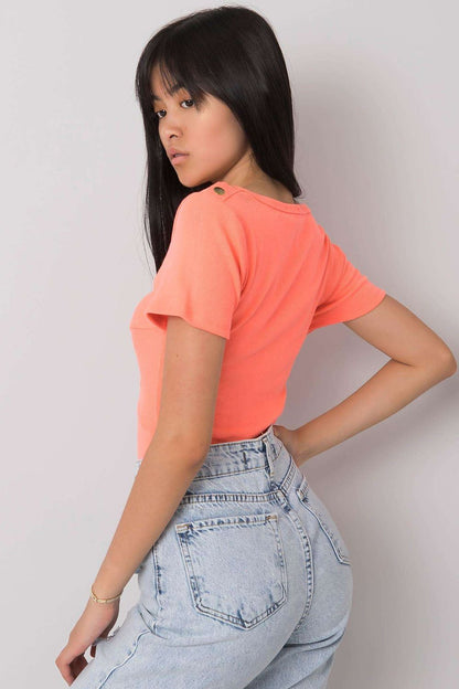 Luxurious short sleeve blouse by Calben featuring a delicate heart neckline and elegant decorative knot detail, crafted from soft ribbed cotton and spandex blend.