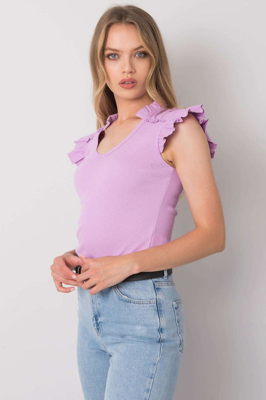 Close-up view of Calben's Elegant Butterfly Sleeve Blouse, featuring a soft ribbed texture made from 95% cotton and 5% elastane, ideal for an elegant look.