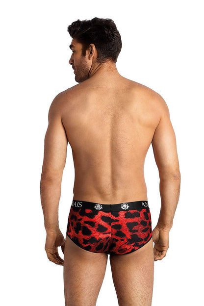 Close-up view of Anais men's hipsters featuring a striking red leopard print design, crafted with a blend of spandex and polyamide for enhanced durability.