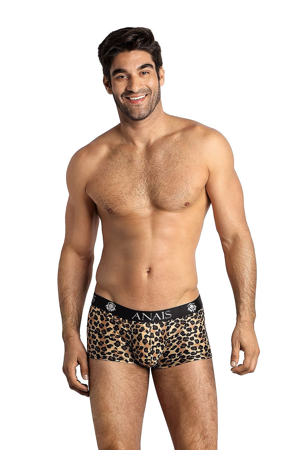 Elegant leopard print men's boxers by Anais, showcasing a luxurious design and stylish fit in a comfortable spandex-polyamide blend.