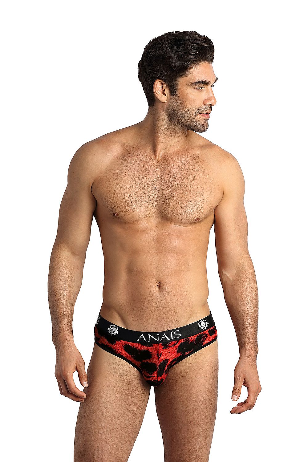 Elegant Red Leopard Print Men's Briefs by Anais, featuring luxurious soft spandex and polyamide blend for ultimate comfort and perfect fit.
