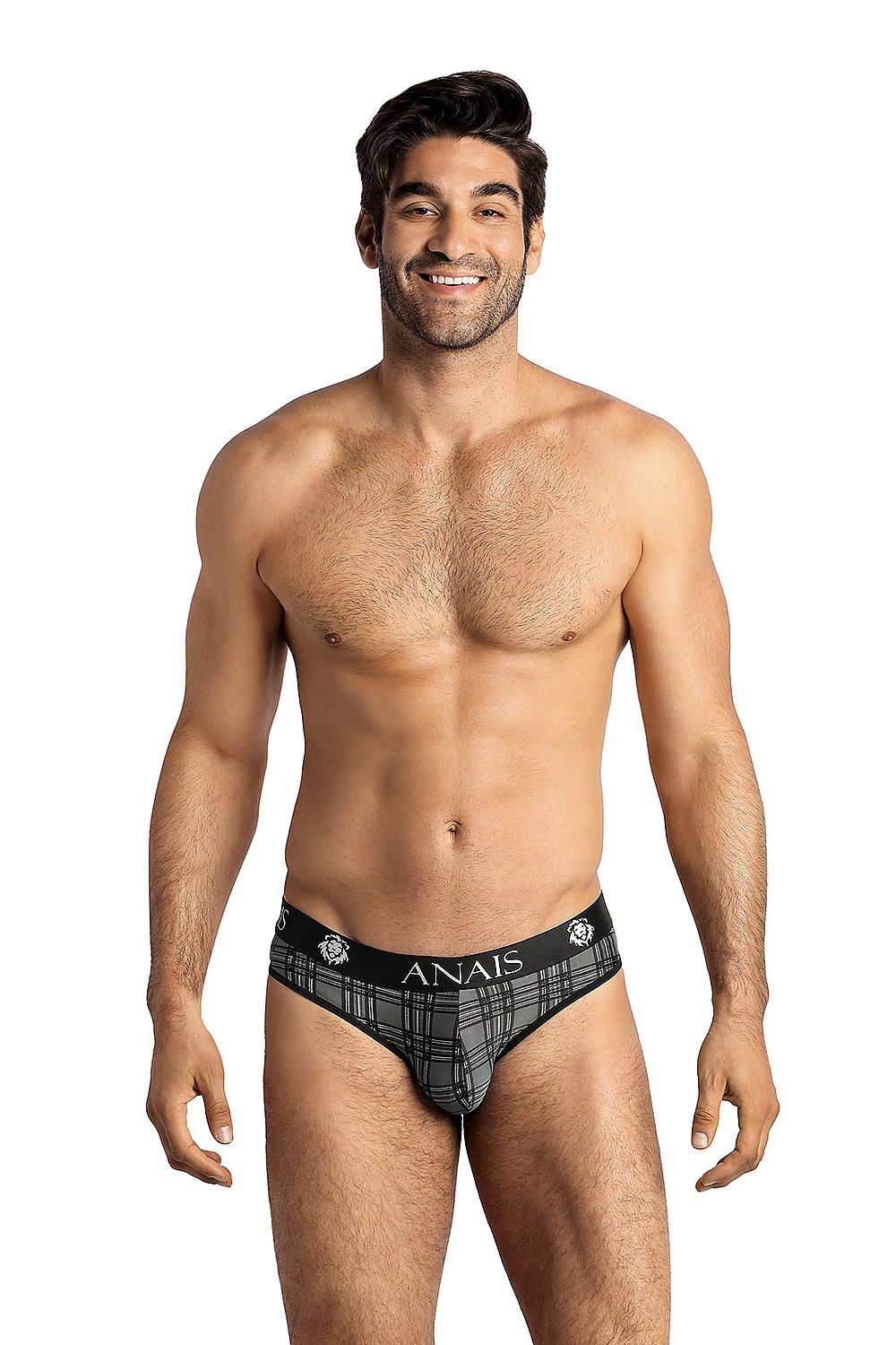 Elegant men's briefs featuring a classic checkered pattern by Anais, crafted for comfort with 80% polyamide and 20% spandex.