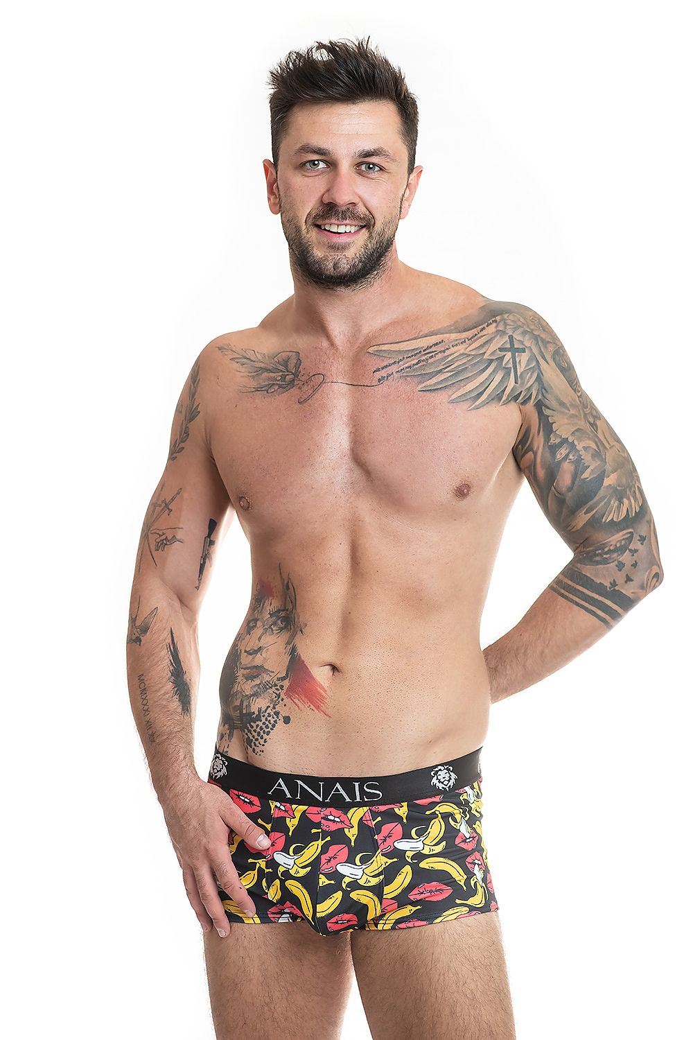 Luxury stylish men's banana boxer shorts by Anais featuring a unique banana and mouth pattern for high-quality comfort.