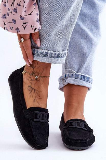 Close-up of Step in Style women's eco-suede moccasins showcasing the soft imitation leather and stylish decorative feature, perfect for sophisticated casual wear.