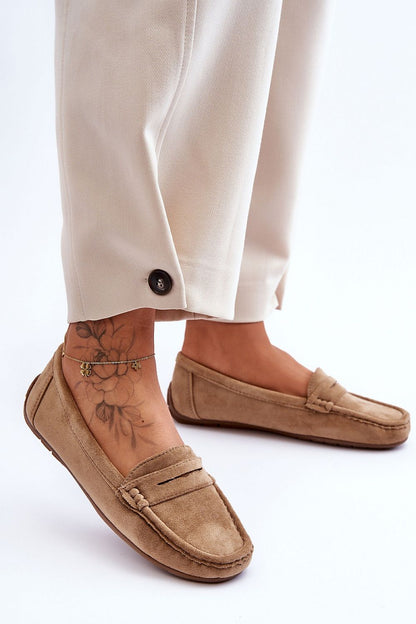 Close-up of Step in Style eco-suede women's moccasin shoes, highlighting the luxurious decorative strap and soft eco leather insole.