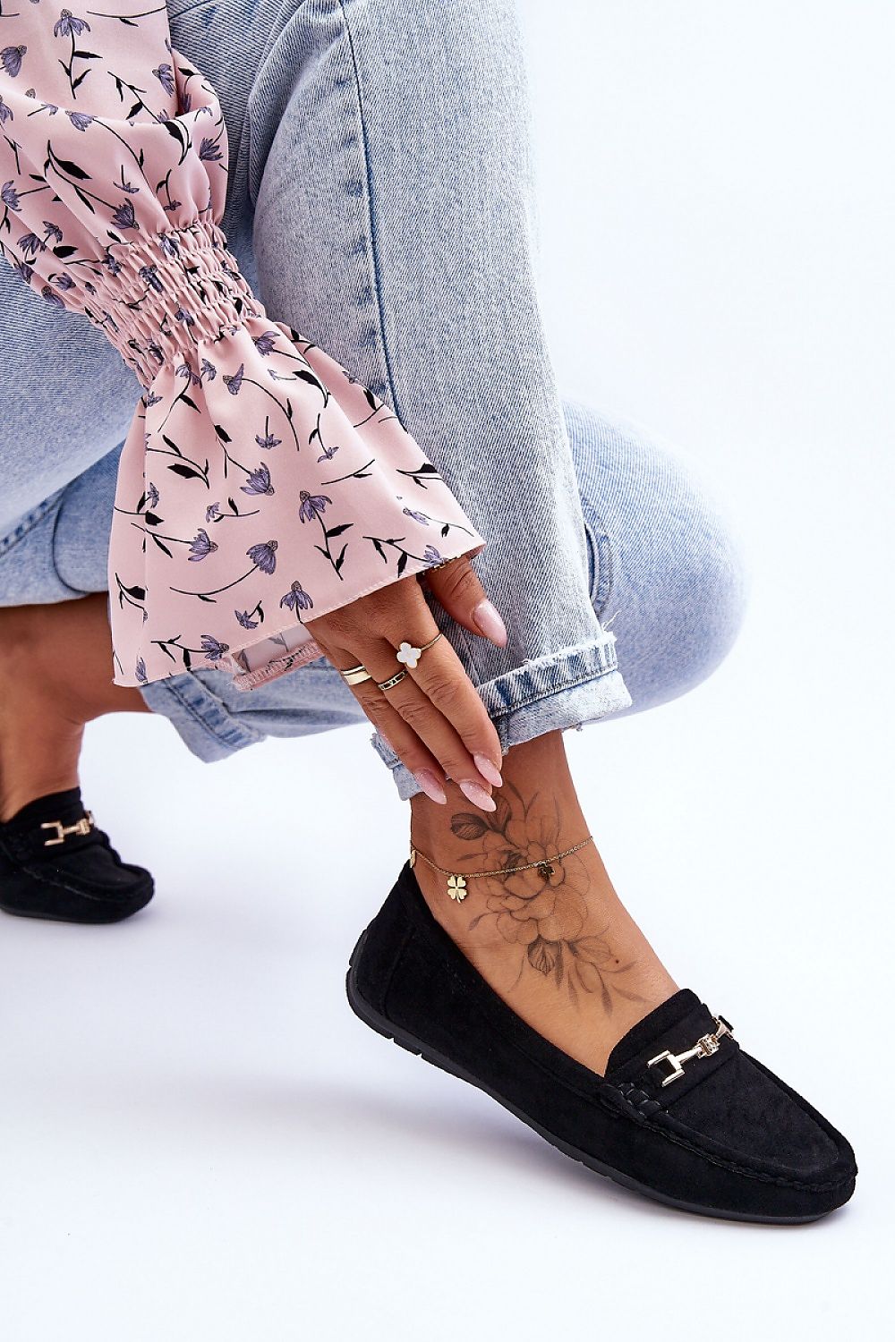 Close-up view of Step in Style women's eco-suede moccasins with a soft eco leather insole, highlighting intricate design and premium materials for a luxurious feel.