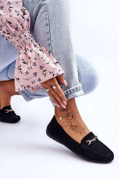 Close-up view of Step in Style women's eco-suede moccasins with a soft eco leather insole, highlighting intricate design and premium materials for a luxurious feel.