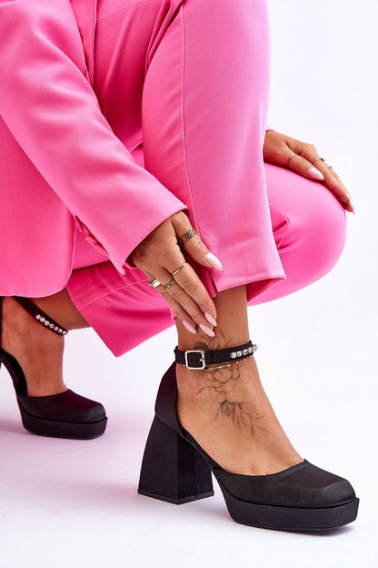 Chic close-up of Step in Style luxury platform pumps, highlighting the eco leather insole and stunning rhinestone buckle detail, perfect for sophisticated occasions.