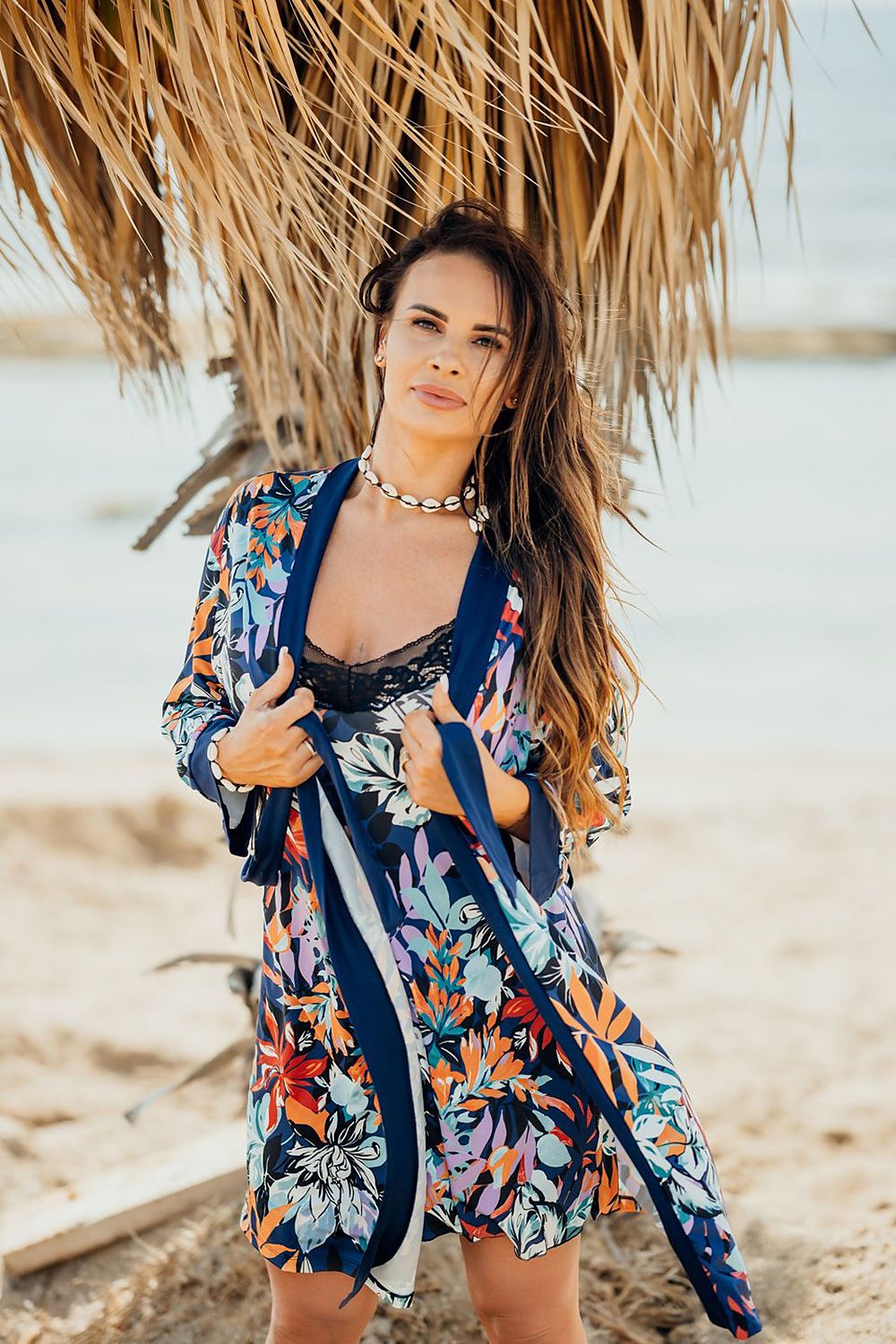 Luxurious floral patterned 3/4 sleeve bathrobe by Eldar, designed for women, showcasing elegant lightweight fabric and feminine style, ideal for nightwear.