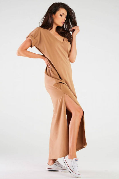 Stylish side slit maxi dress in cotton by Infinite You, designed to enhance women’s curves with elegance and comfort.
