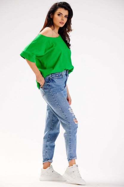 Elegant Infinite You loose T-shirt designed with a versatile deep neckline, perfect for creating chic looks in 92% cotton fabric.