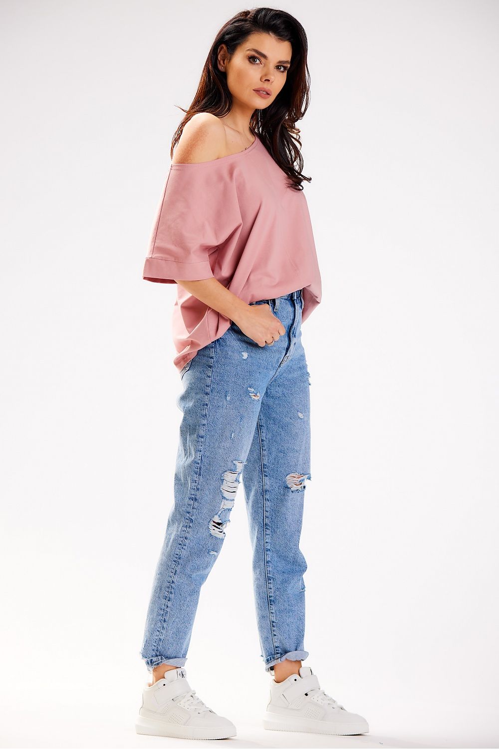 Luxury Loose T-Shirt with Deep Boat Neckline by Infinite You - Elegant and versatile design made from 92% cotton.