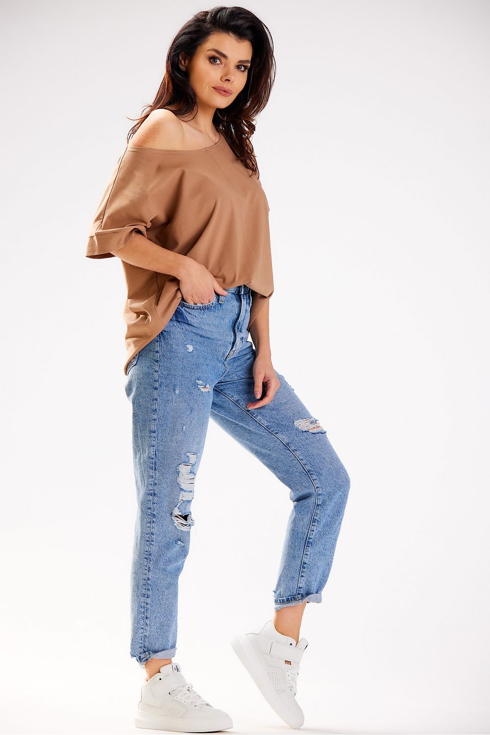 Elegant Loose T-Shirt by Infinite You with deep neckline - Crafted in Poland for a luxurious feel.