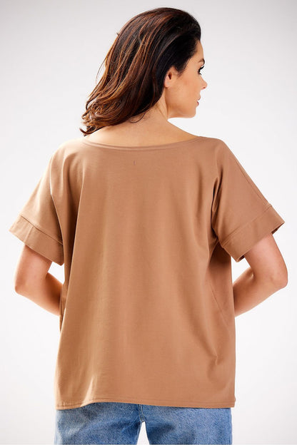 Elegant loose T-shirt with a deep boat neckline by Infinite You, crafted from 92% cotton, showcasing stylish versatility and comfort.