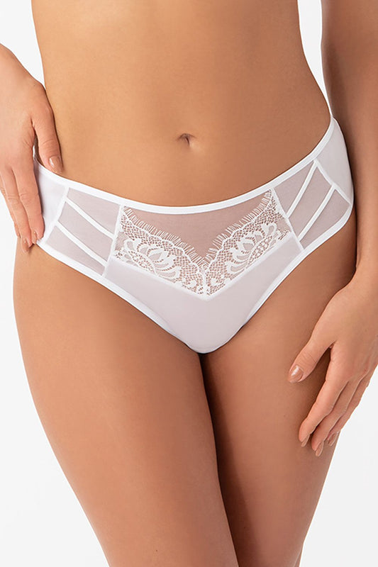 Gorsenia Lingerie high-waisted Brazilian style panties showcasing elegant tulle and lace inserts, designed for luxurious comfort and style.