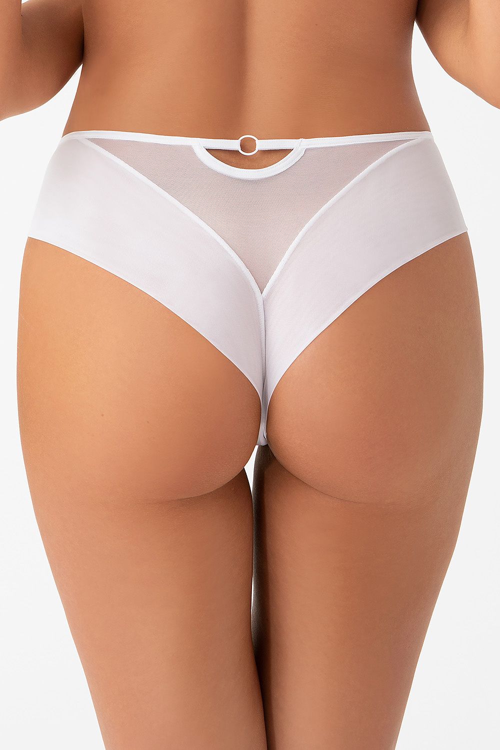 Stylish display of Gorsenia Lingerie high-waisted Brazilian panties featuring smooth elastic finishes and delicate tulle accents, ideal for luxury lingerie wear.