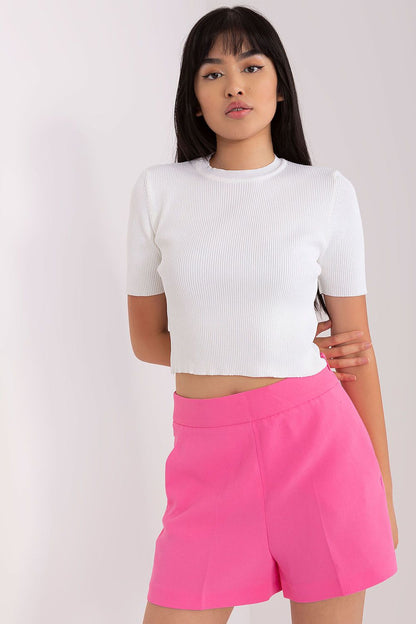Elegantly styled Badu women's short ribbed blouse in soft polyester, featuring a round neckline and short sleeves, perfect for luxurious casual wear.