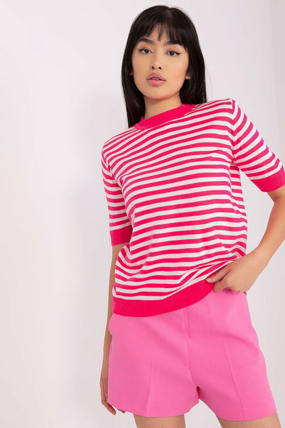 Exquisite Badu knitted blouse in colourful stripes, showcasing short sleeves and an elegant round neckline, ideal for sophisticated casual wear.
