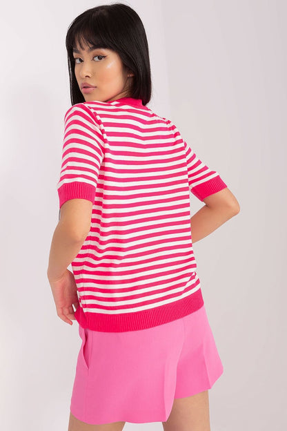 Chic knitted blouse with striking multicoloured stripes by Badu, featuring short sleeves and a tasteful round neckline, perfect for a luxurious wardrobe.