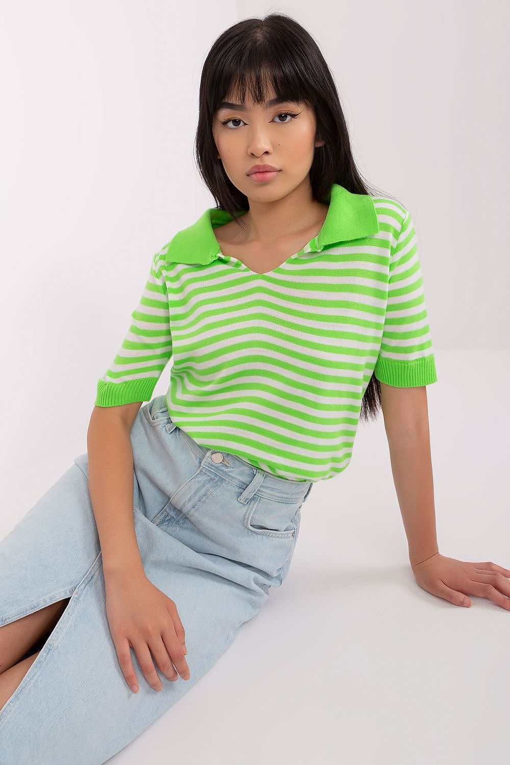 Luxury striped knitted blouse with collar by Badu, crafted from 70% acrylic and 30% wool, showcasing a sophisticated design and short sleeves.