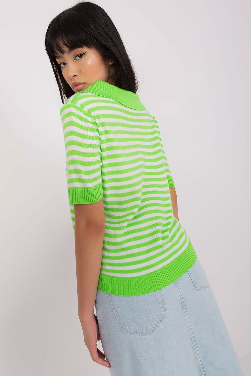 Elegant front view of Badu's luxury striped blouse featuring a chic collar and short sleeves, perfect for versatile styling.