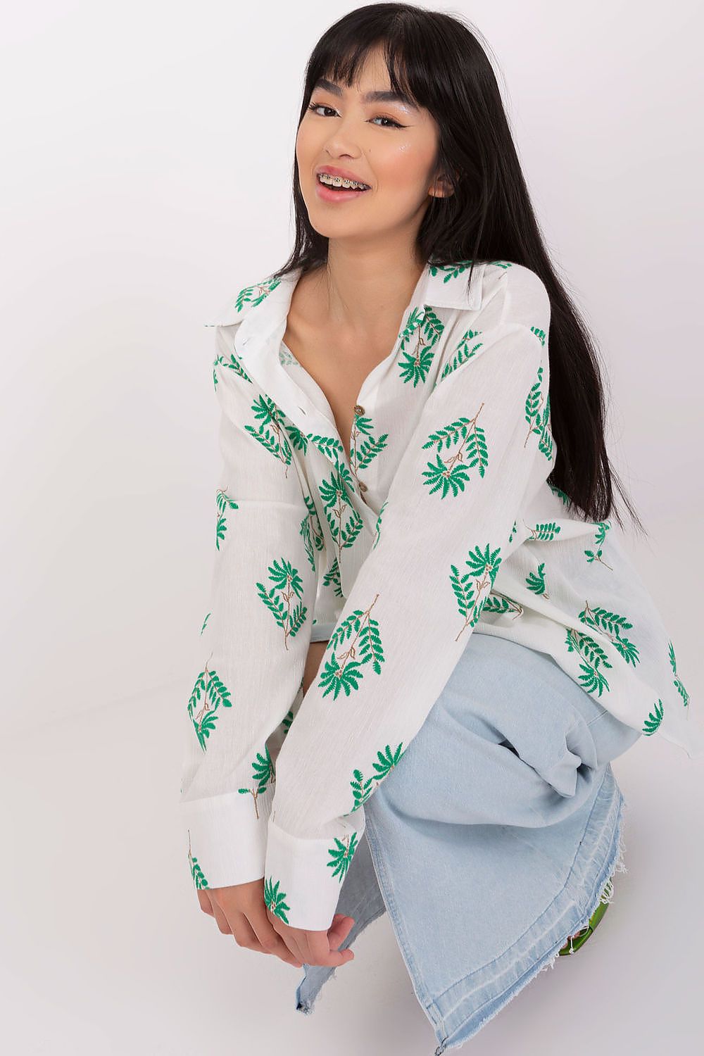 Close-up of intricate embroidery on Luxury Women's Long Sleeve Cotton Shirt by Lakerta, showcasing premium craftsmanship.