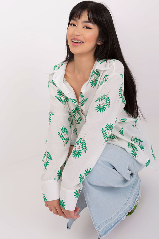 Close-up of intricate embroidery on Luxury Women's Long Sleeve Cotton Shirt by Lakerta, showcasing premium craftsmanship.