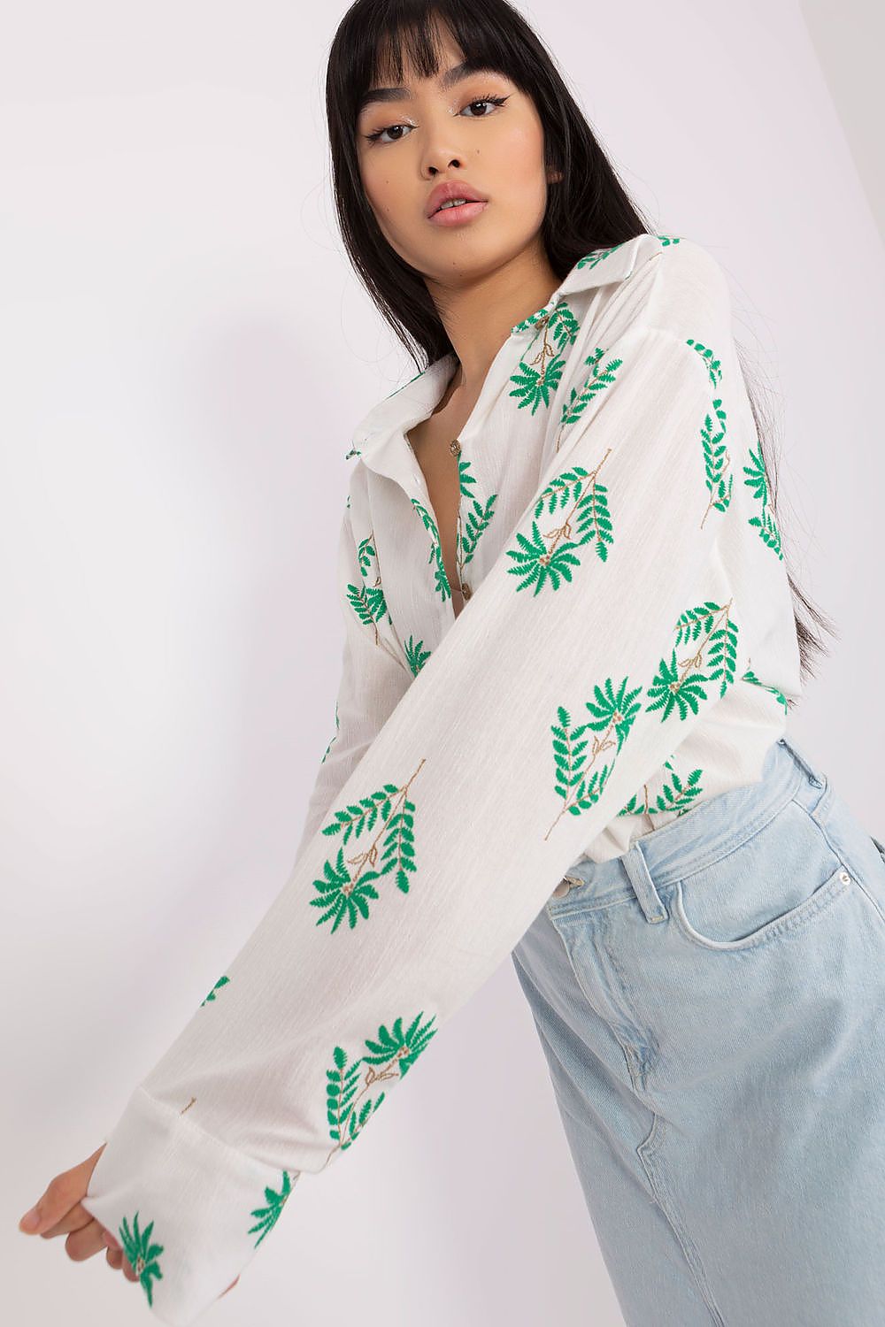 Luxury women's long sleeve cotton shirt by Lakerta, featuring exquisite embroidery and a loose fit design, perfect for elegant casual wear.