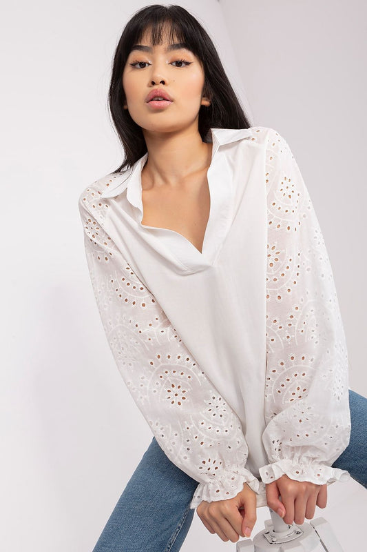 Elegant long-sleeved openwork blouse by Lakerta, showcasing intricate patterns and premium viscose material for a sophisticated look.