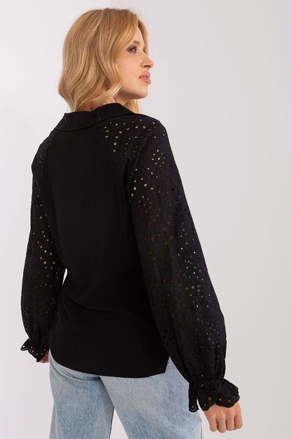 Close-up of the openwork pattern on the luxurious viscose blouse by Lakerta, ideal for stylish ensembles.