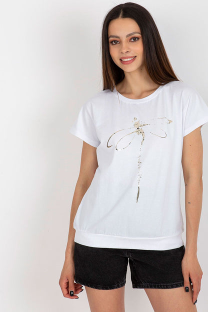Elegant Rue Paris short sleeve cotton blouse featuring a decorative print, perfect for upscale fashion.