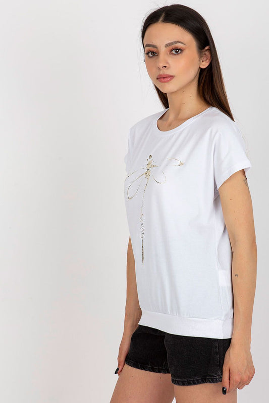 Close-up view of the decorative print on the Rue Paris elegant cotton blouse, showcasing luxury fashion details.