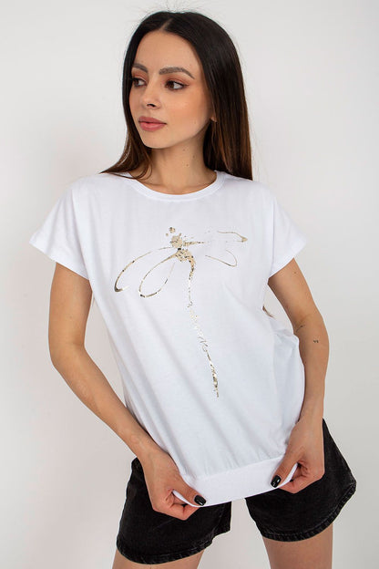 Luxurious elegant cotton blouse by Rue Paris featuring decorative print, short sleeves, and a round neckline, perfect for stylish summer fashion.