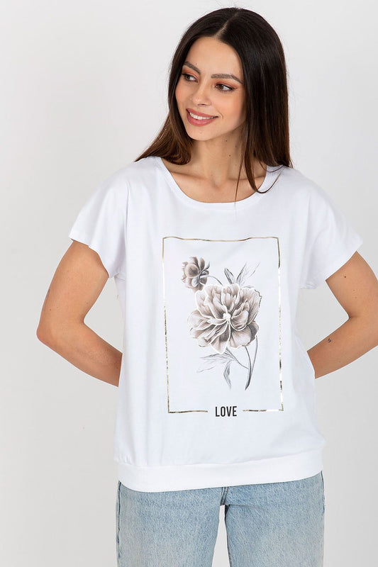 Elegant short-sleeve cotton blouse by Rue Paris featuring a chic decorative print, perfect for luxury casual wear.