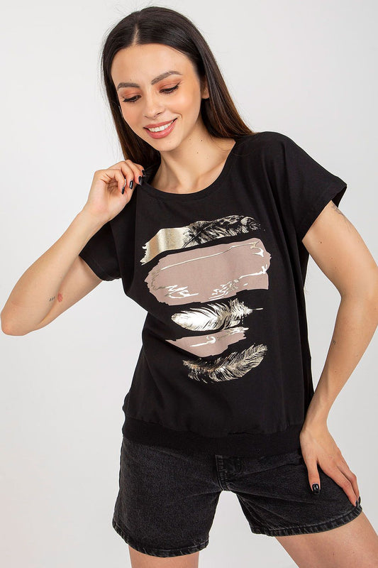 Elegant 90% cotton blouse by Rue Paris featuring a decorative print and short sleeves, perfect for stylish summer outings.