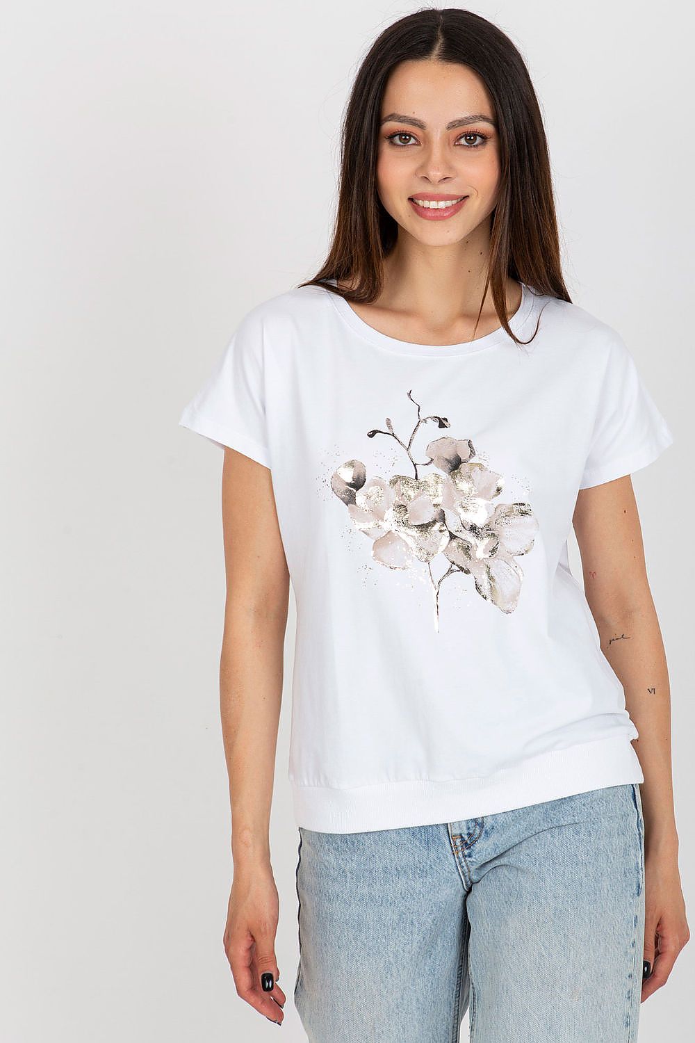 Luxurious cotton blouse with short sleeves and elegant decorative print by Rue Paris, showcasing a round neckline.