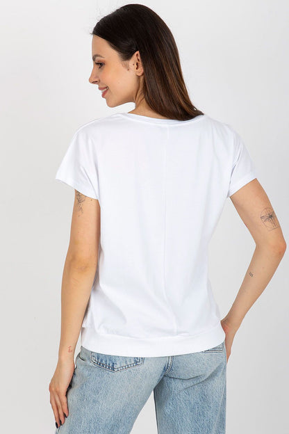 Stylish cotton blouse with short sleeves by Rue Paris displayed on a model, perfect for casual or semi-formal occasions.