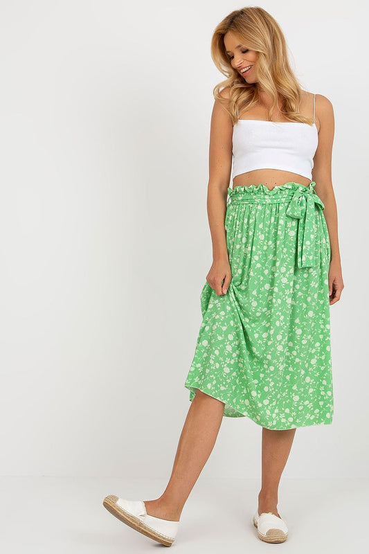 Elegant flared floral skirt with waist tie by Rue Paris, featuring luxurious viscose fabric for a chic and stylish look.