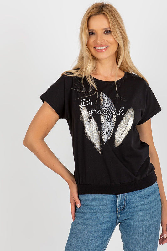 Elegant cotton blend blouse by Rue Paris featuring a decorative print and short sleeves, perfect for stylish daytime or evening wear.