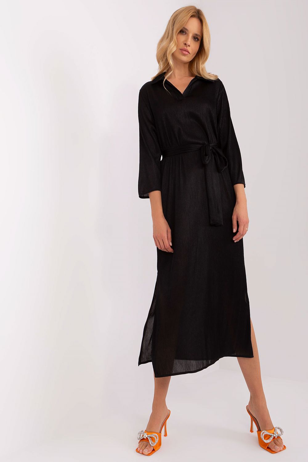 Full view of the Lakerta daydress, elegantly designed with slits at the bottom, perfect for an upscale occasion.