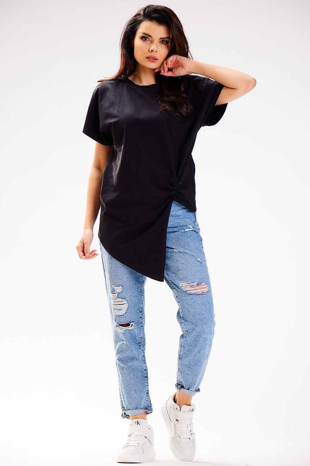 Close-up of soft, high-quality cotton fabric of the Infinite You asymmetrical blouse, reflecting sophistication and comfort.