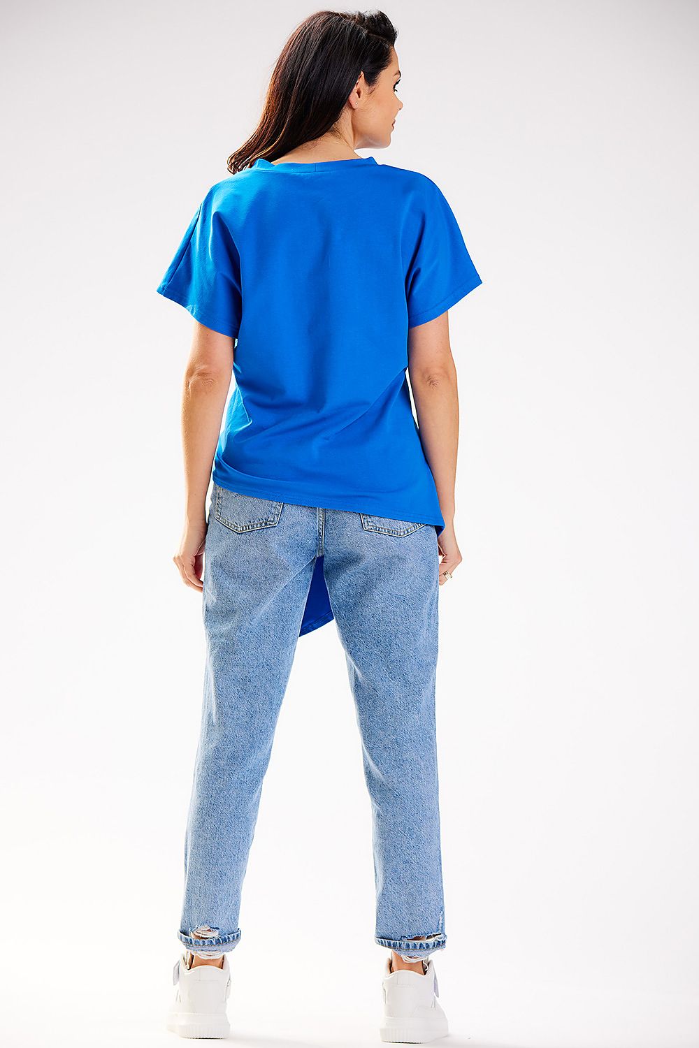 Elegant asymmetrical cotton blouse with short sleeves by Infinite You. Stylish design made in Poland, crafted from soft cotton and lycra blend, showcasing luxury and comfort.