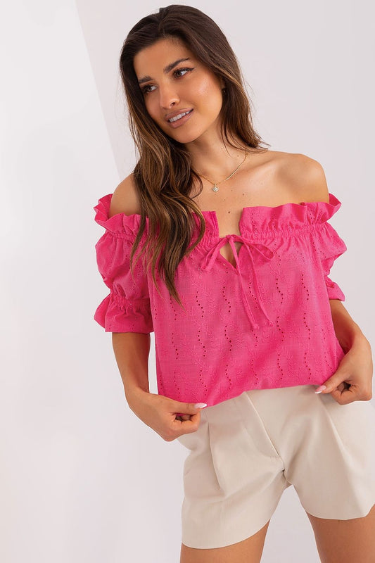 Lakerta elegant cotton blouse in a soft fabric with openwork pattern, featuring short sleeves and a stylish Spanish-style neckline, perfect for versatile occasions.