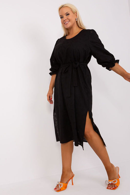 Luxurious plus size cotton dress by Lakerta featuring beautiful embroidery, elegant 3/4 sleeves, and a flattering tie waist design, perfect for special occasions.