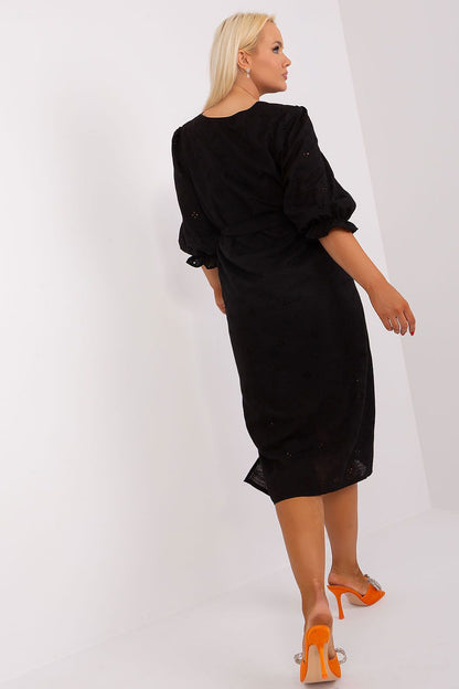 Stylish embroidered cotton dress by Lakerta for curvy women, showcasing a sophisticated round neckline and 3/4 sleeves, ideal for both casual and formal events.