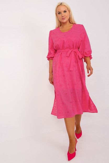 Luxurious plus size cotton dress by Lakerta featuring exquisite embroidery and stylish 3/4 sleeves.