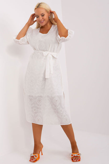 Stylish plus size dress by Lakerta with a beautiful embroidered design and comfortable tie waist.
