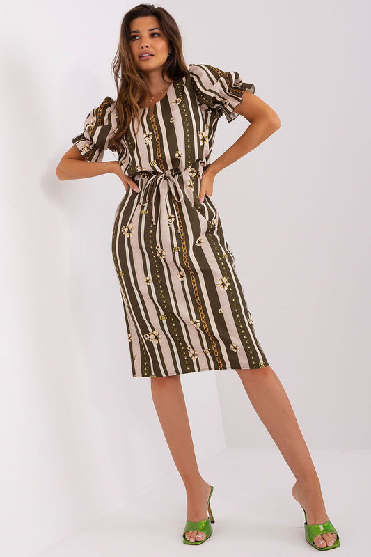 Luxurious Lakerta Daydress showcasing a stylish design, including puffed short sleeves and a delicate waist tie, ideal for upscale occasions.